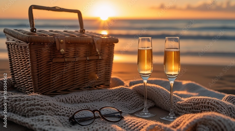 Golden Hour Beach Picnic with Champagne and Wicker Basket