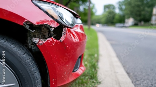 Damaged red car bumper, parked on a residential street, close-up view showcasing the extent of the damage.