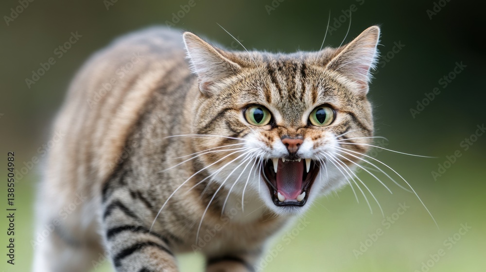 Fototapeta premium A tabby cat snarling, showing its teeth, in a defensive or aggressive posture, with a blurred background.