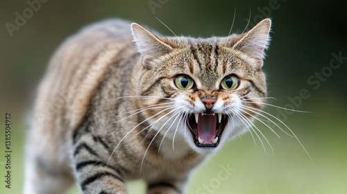 A tabby cat snarling, showing its teeth, in a defensive or aggressive posture, with a blurred background.