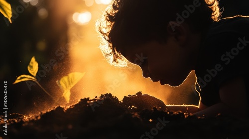 A child digging through the ground to find buried treasure.