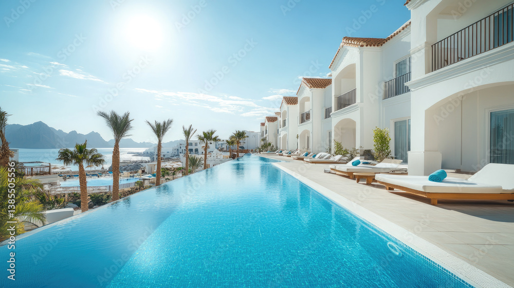 Fototapeta premium Modern white beachfront hotel with infinity pool and palm trees by turquoise sea, representing luxury seaside getaway, exclusive tropical vacation, and serene leisure. Banner with copy space