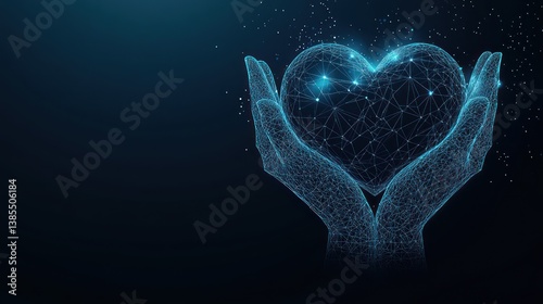 Glowing polygonal heart cradled in hands against a dark blue background.