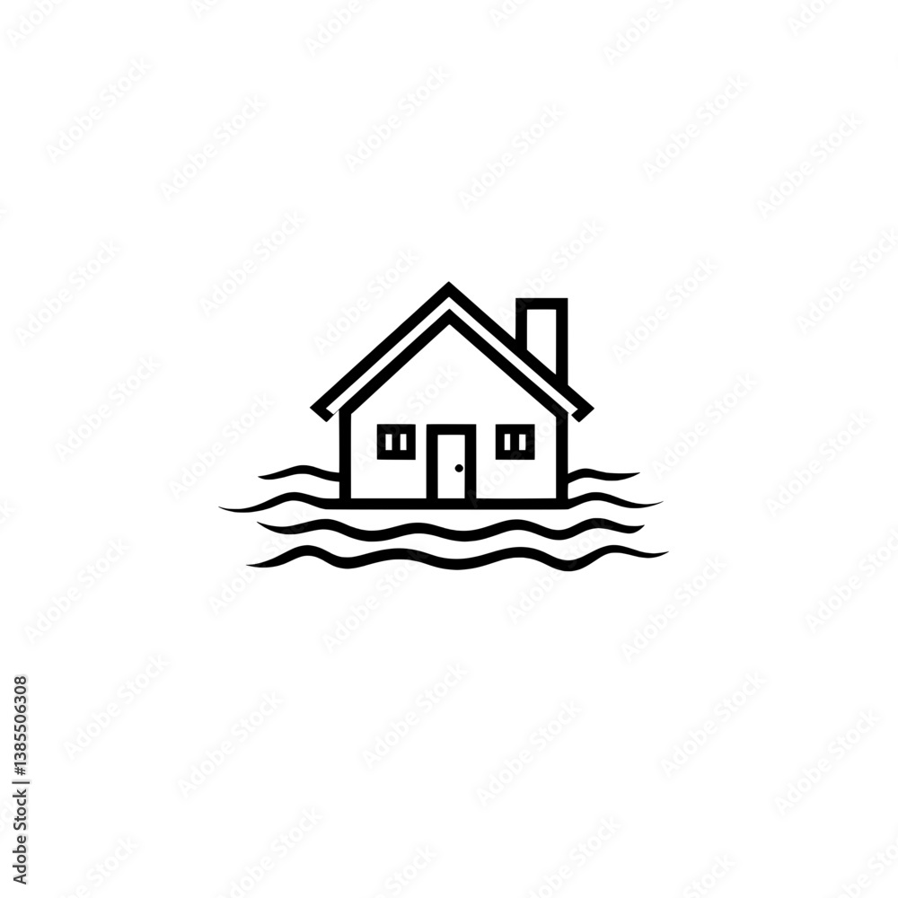 Simple vector illustration of a house surrounded by water waves, representing flood risk, natural disasters, or environmental climate change themes. Simple vector illustration of a house surrounded by water waves, representing flood risk, natural disasters, or environmental climate change themes.