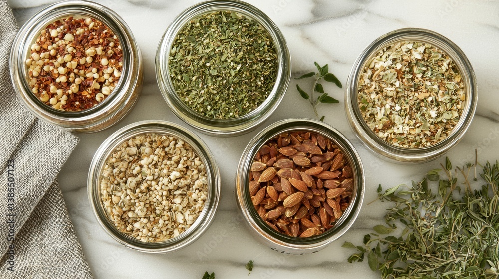 A flat lay of eco-conscious spice packaging with dried herbs and seasonings, emphasizing a clean, modern aesthetic. A flat lay of eco-conscious spice packaging with dried herbs and seasonings, emphasizing a clean, modern aesthetic.
