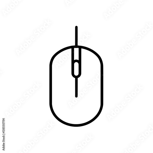 Simple top-view vector illustration of a wired computer mouse in black outline, suitable for technology, electronics, and digital workspace graphics.
