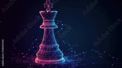 Neon king chess piece, polygonal, abstract digital art.