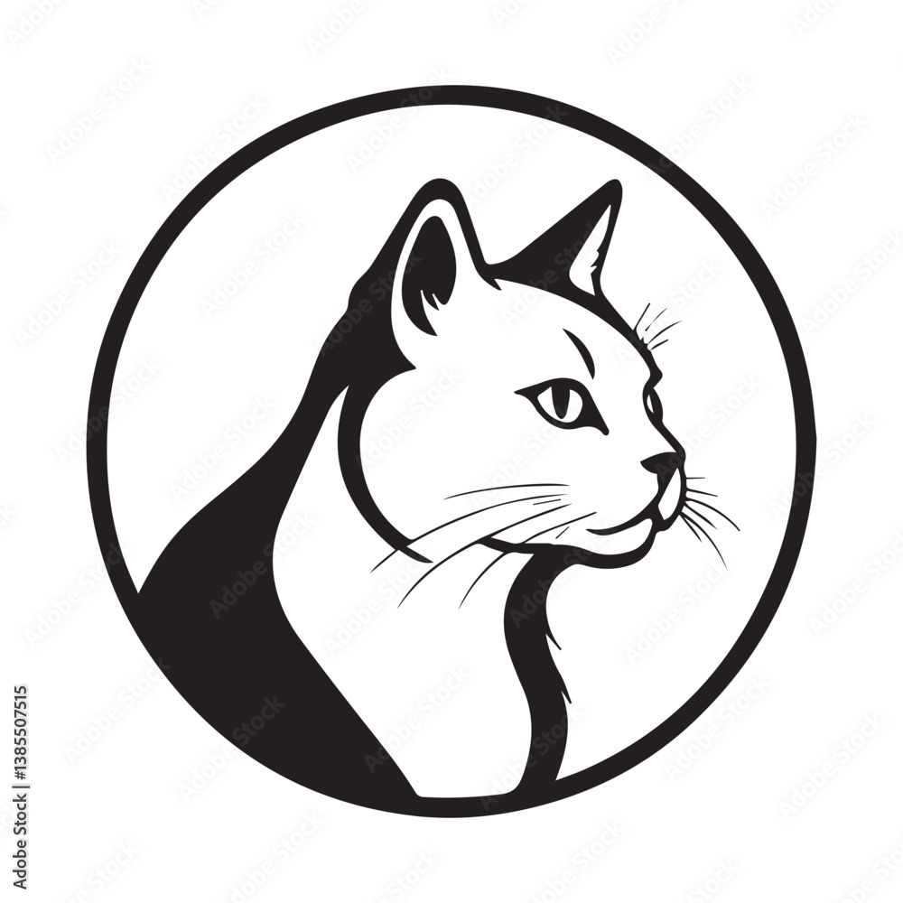 Elegant Black and White Cat Silhouette in a Circle Elegant Black and White Cat Silhouette in a Circle