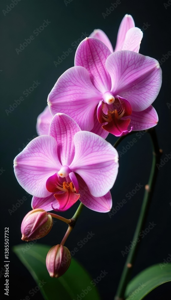 Pink and white orchid flowers on a branch with leaves and stems, leaves, Phalaenopsis equestris, pink Pink and white orchid flowers on a branch with leaves and stems, leaves, Phalaenopsis equestris, pink