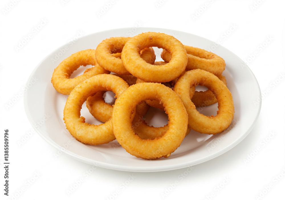 Golden Fried Onion Rings on a White Plate Golden Fried Onion Rings on a White Plate