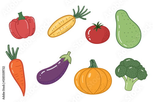 a collection of colorful, hand-drawn cartoon vegetables including bell pepper, tomato, avocado, carrot, eggplant, pumpkin, and broccoli.