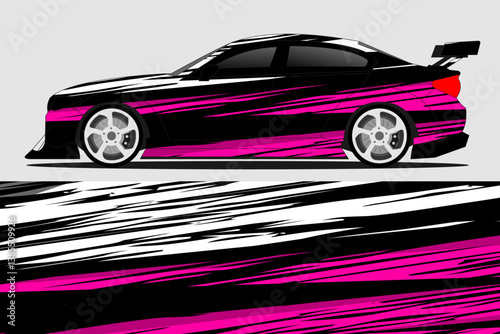 Sleek modified car design with dynamic pink and black stripes, showcasing automotive creativity