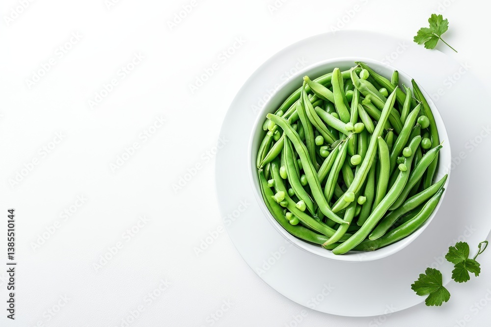 Fresh green beans arranged in a white bowl on a minimalistic surface, with a hint of fresh cilantro leaves on the side Fresh green beans arranged in a white bowl on a minimalistic surface, with a hint of fresh cilantro leaves on the side