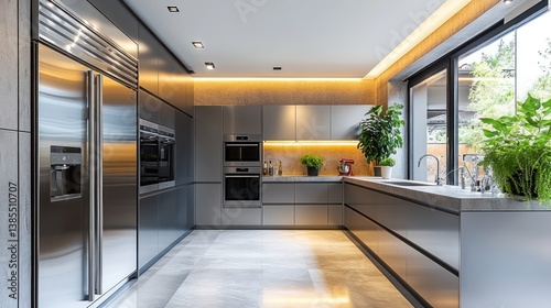 Modern kitchen design, stainless steel appliances, garden view, luxury home interior