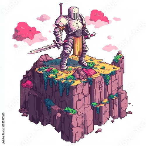 Pixel Art Knight Standing on Floating Island with Sword and Armor
