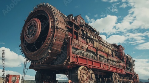 Monumental mobile factory complex under a vast sky, a steampunk industrial titan