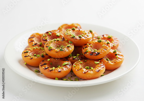 Grilled Apricots with Pistachios on White Plate
