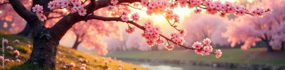 Spring morning light illuminates the blossoming cherry tree, scenery, soft morning light Spring morning light illuminates the blossoming cherry tree, scenery, soft morning light