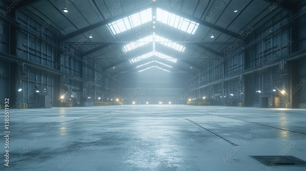 Empty industrial warehouse, large space, skylights, fog, manufacturing Empty industrial warehouse, large space, skylights, fog, manufacturing