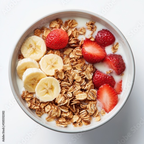 A bowl of granola with almond milk and fresh fruit. Featuring a nutritious and energizing breakfast