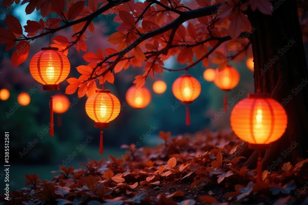 Obraz premium Twinkling lanterns shine amidst the tree foliage, paper, orange, foliage