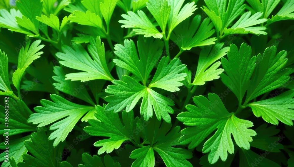 Fresh parsley leaves arranged in a decorative pattern , visual, garnishing Fresh parsley leaves arranged in a decorative pattern , visual, garnishing