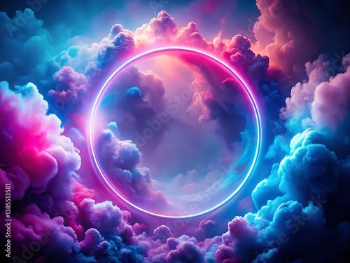 Glowing Neon Cloud Circle Abstract Digital Art - Dreamy Fogscape Stock Photo