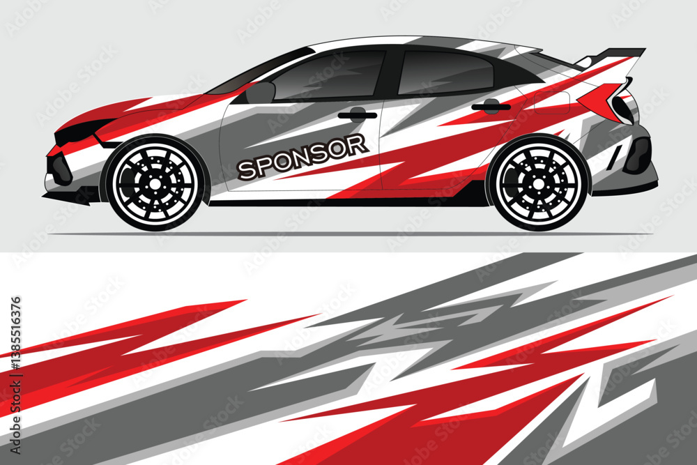 Sleek racing car design featuring bold red and gray graphics in a dynamic urban setting Sleek racing car design featuring bold red and gray graphics in a dynamic urban setting