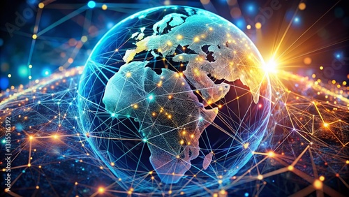 Glowing Network Globe: Abstract Digital World Bokeh Stock Photo