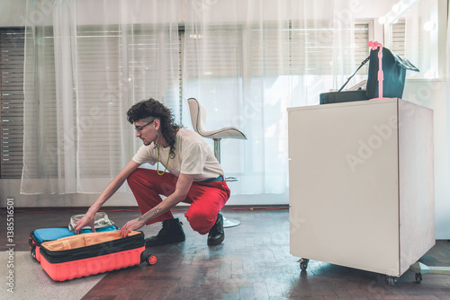 Hairdresser preparing luggage in salon with beauty products
