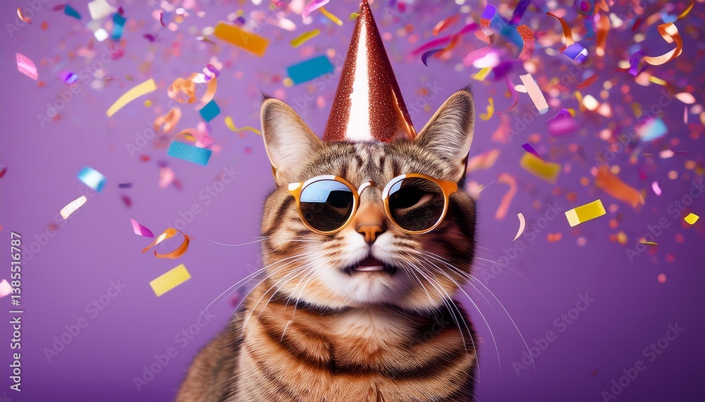A cat smiling in a party hat and sunglasses with celebration confetti flying everywhere; purple background; selective focus; A cat smiling in a party hat and sunglasses with celebration confetti flying everywhere; purple background; selective focus;