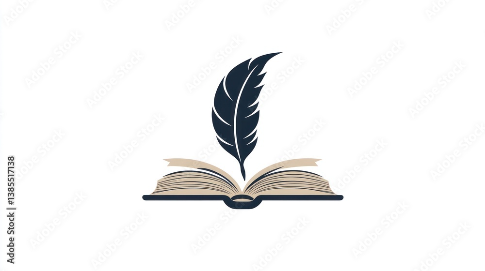 Open Book with Feather, Education Symbol, Minimalist Design, Stock Photo Open Book with Feather, Education Symbol, Minimalist Design, Stock Photo