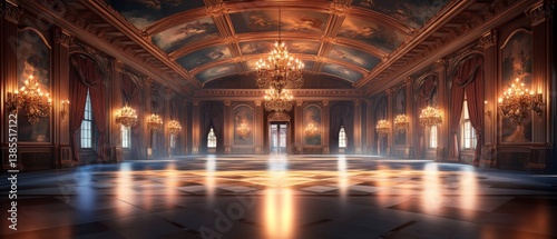 Grand victorian palace hall with majestic chandeliers and ornate architecture for elegant ceremony background