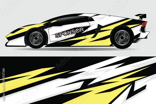 Racing car design featuring bold yellow and black lightning graphics against a neutral background