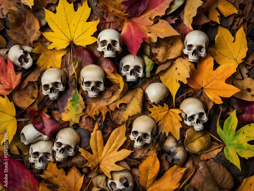 Autumn's Whisper: A chilling composition of miniature skulls nestled among fallen leaves, capturing the essence of autumn's embrace and the ephemeral nature of life.