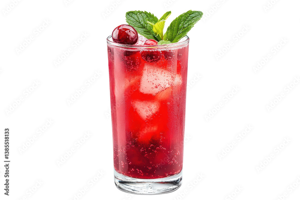 Tall glass filled with red beverage ice cubes and garnished with Isolated on transparent background, PNG Tall glass filled with red beverage ice cubes and garnished with Isolated on transparent background, PNG