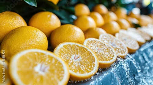 Fresh citrus fruits, lemons and oranges, in rows, ready to be sold at a market photo