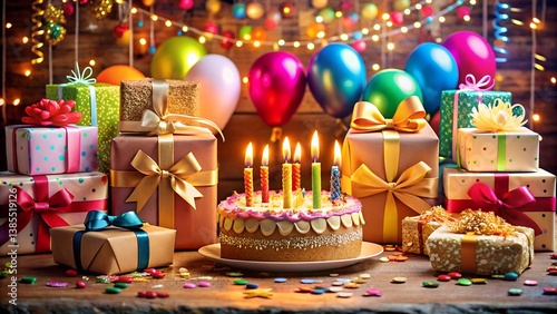 A 3D Happy Birthday Design with Balloons and Gifts photo
