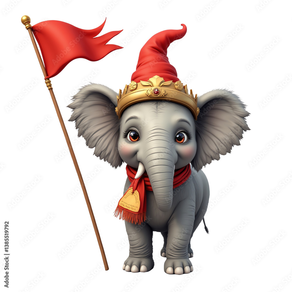 Obraz premium Cheerful elephant with a flag and crown.