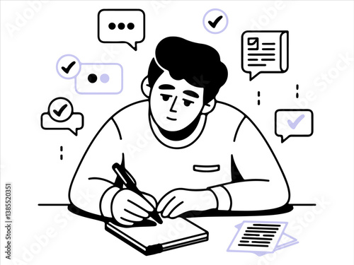 Vector art business people working in office, Outline, thin line art, linear, hand drawn sketch design, simple style.