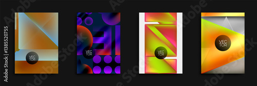 Four vibrant abstract backgrounds. Each features gradients, geometric shapes, circles, lines. Designs include text VEC TOR within dark circle. Modern, colorful compositions.