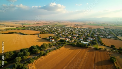 Bird's eye view of Nir David kibbutz Agricultural expanse surrounding settlement , farming, farming community