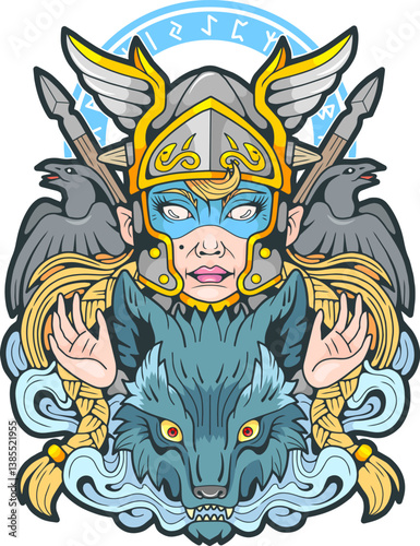Scandinavian mythological warrior Valkyrie, design illustration