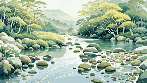 Misty banks reflection river isolated watercolor vector illustration svg  