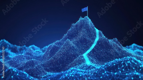 Blue flag atop digital mountain peak, path, dark background; success concept