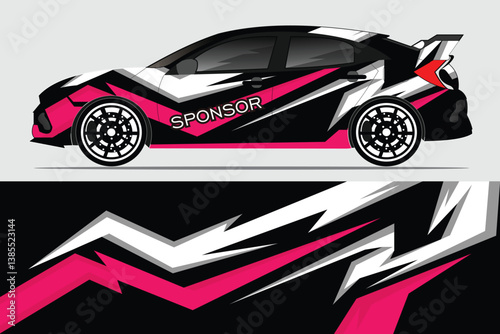 Sleek race car design featuring dynamic graphics in vibrant colors, showcasing motion and energy