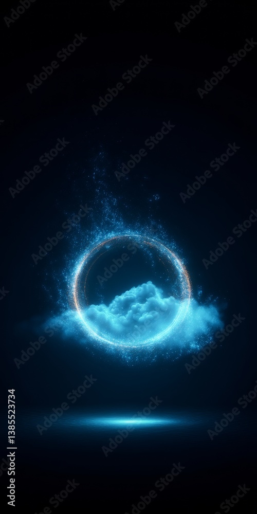 digital cloud computing logo with particle ring circle , futuristic abstract background, illustration