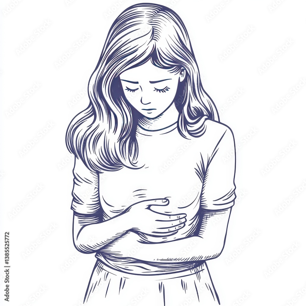 Continuous one line drawing girl suffering from stomach ache due to late eating. Late concept. Single line draw design vector graphic illustration. Continuous one line drawing girl suffering from stomach ache due to late eating. Late concept. Single line draw design vector graphic illustration.