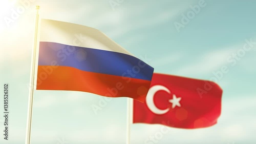 Turkey flag and Russia flag waving on cloud in sky background. 3D render. 4k resolution.