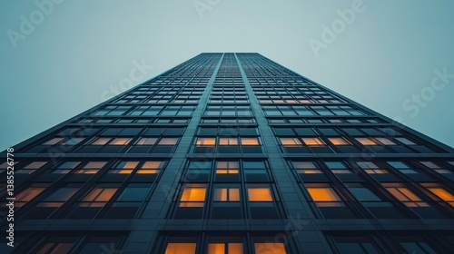 Wallpaper Mural Low-angle view of a modern skyscraper at dusk, with illuminated windows. Torontodigital.ca